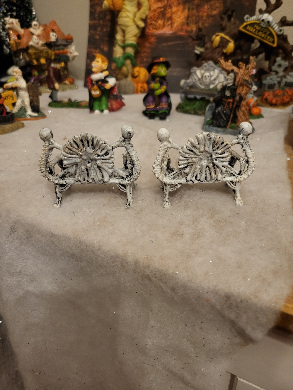 Rare Retired Lemax Spooky Town Bone Benches (Pair) Halloween Village Pieces 2010